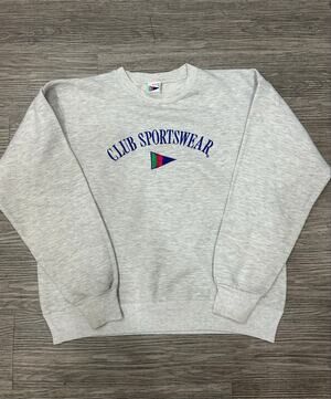 Vintage 90s Club Sportswear Embroidered Flag Logo Grey Sweatshirt Men's Large